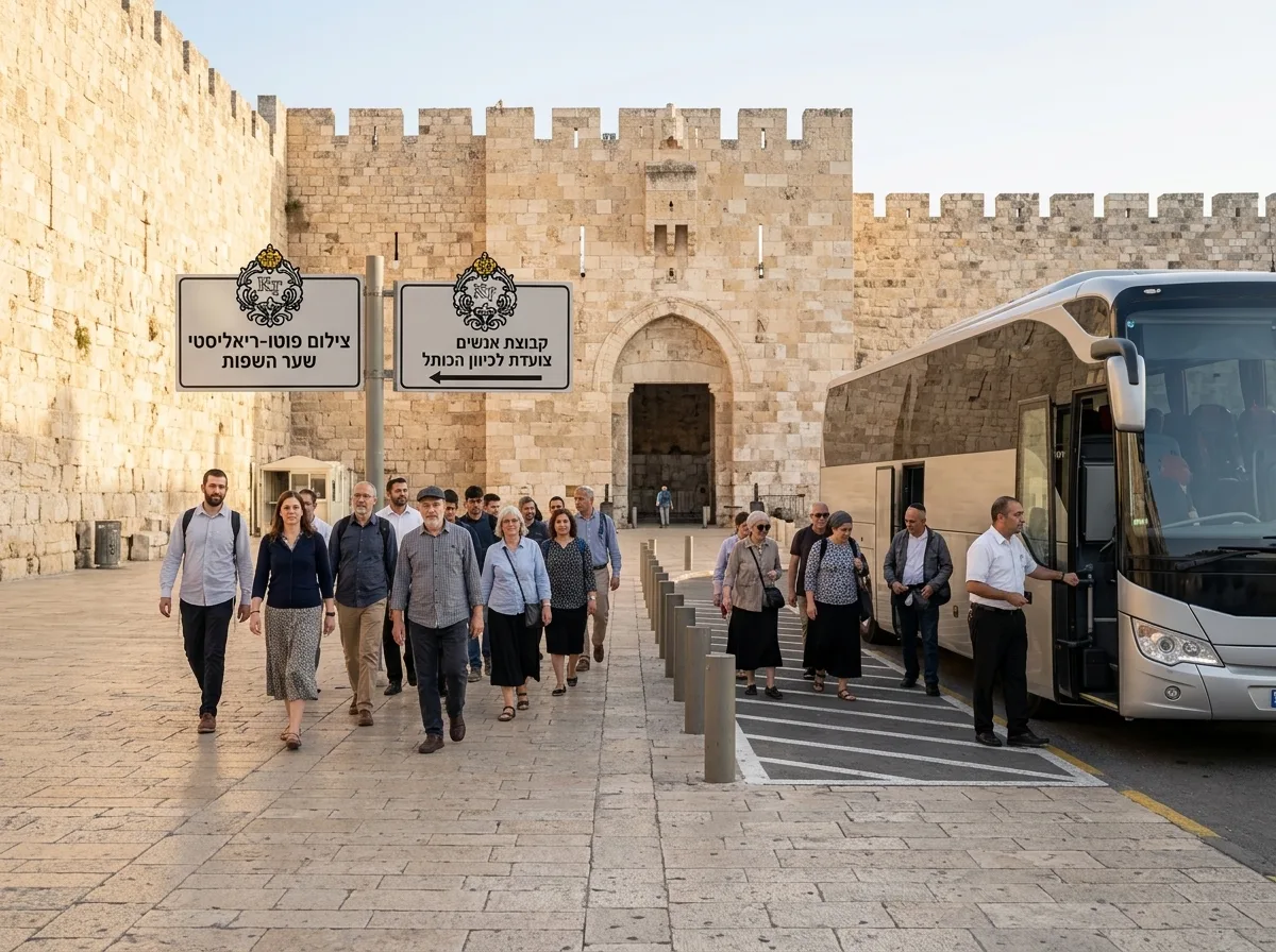 צילום פוטו-ריאליסטי של רחבת שער האשפות בירושלים בבוקר בהיר, קבוצת אנשים צועדת לכיוון הכותל, ברקע נראה אוטובוס תיירים שעצר כדי להוריד נוסעים בצורה מסודרת ובטוחה.