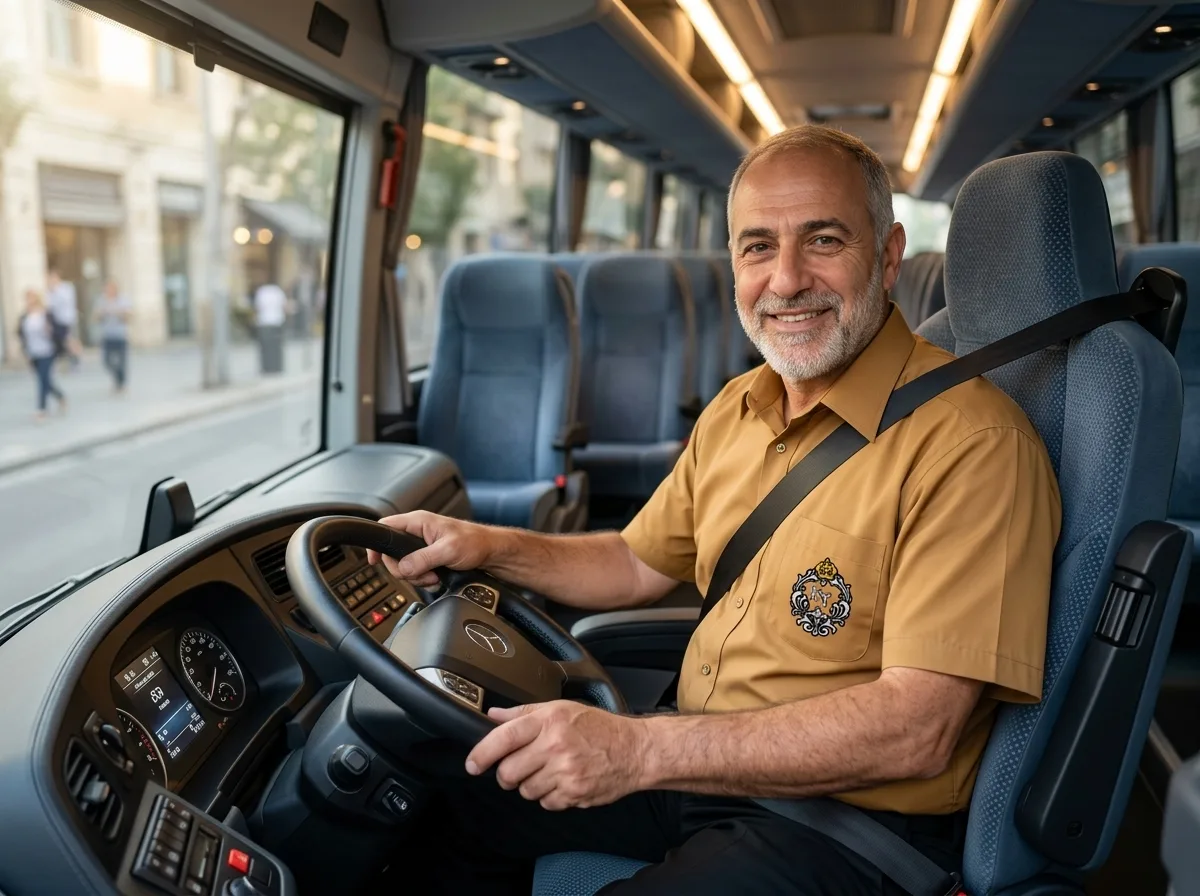 צילום קרוב ומציאותי של נהג אוטובוס מקצועי בחולצה מכופתרת יושב בעמדת הנהג של אוטובוס חדיש, מחייך במאור פנים, ברקע נראים מושבי הנוסעים המרווחים, תאורה רכה ונעימה בתוך הרכב.