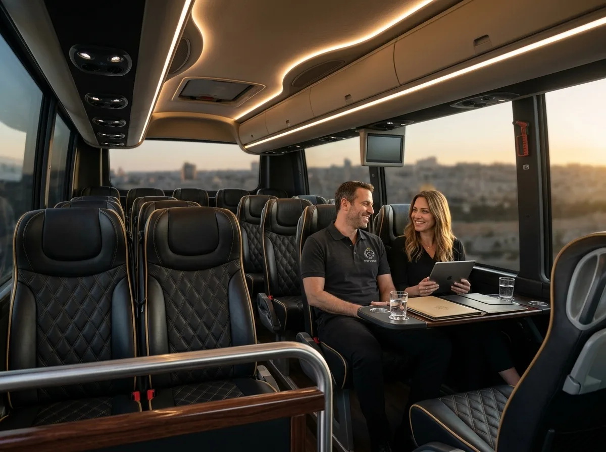 צילום תקריב בתוך אוטובוס VIP מפואר, מושבי עור נוחים, תאורת לד עדינה בתקרה, נוסעים יושבים בנוחות ומחייכים, תאורה טבעית חודרת מחלונות כהים.