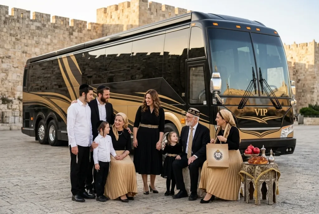 משפחה חוגגת לצד אוטובוס VIP מפואר עם רקע עדין של חומות העיר העתיקה, באווירה חגיגית.