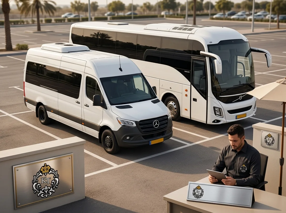 צילום של כמה רכבי הסעות לבנים וחדישים של חברת הסעות, מיניבוס יוקרתי עומד ליד אוטובוס תיירים גדול בחניון מסודר ביום שמש, רכבים מבריקים עם חלונות מושחרים (אנטי-סאן).
