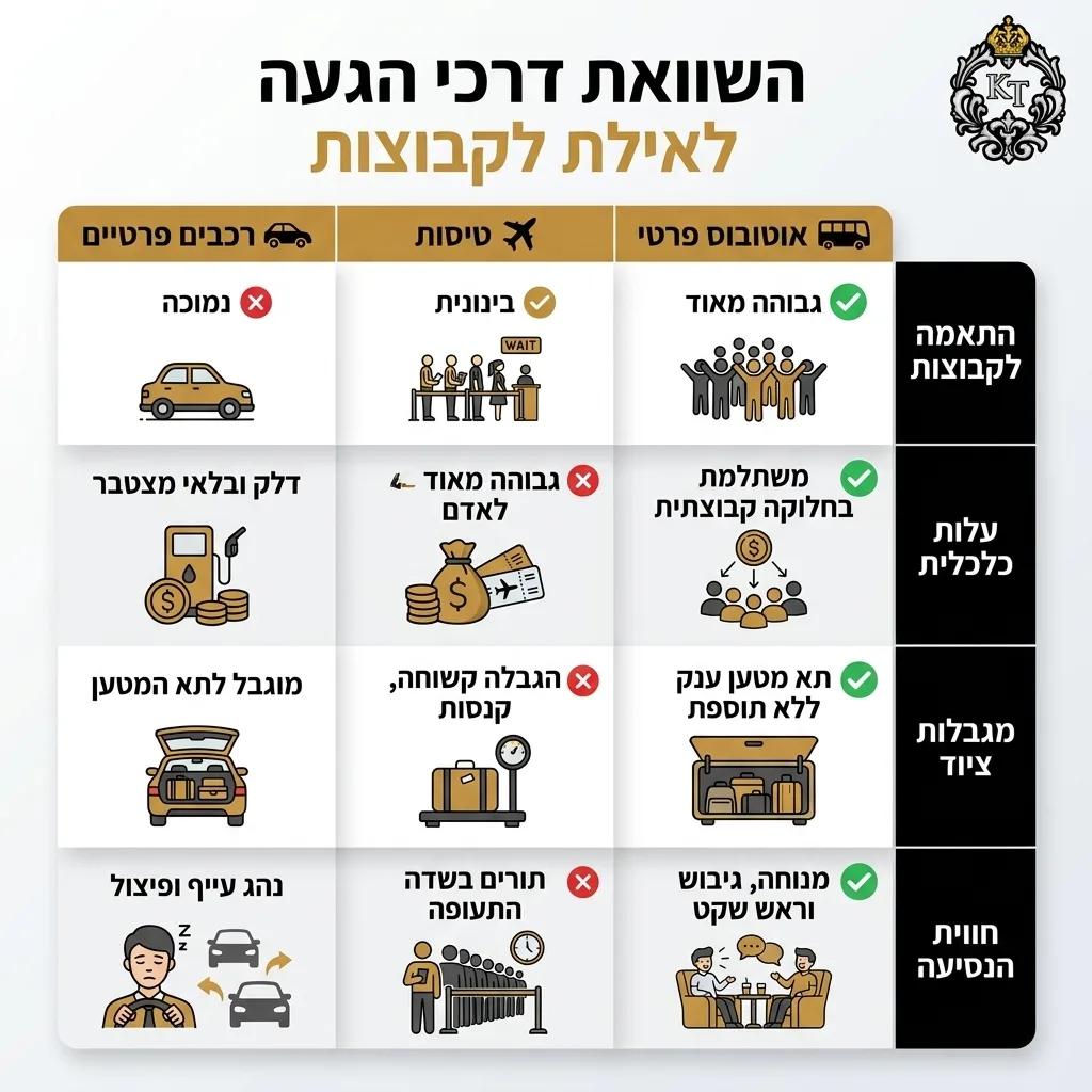 אינפוגרפיקה — השוואת דרכי הגעה לאילת לקבוצות: השוואה בין רכבים פרטיים, טיסות, אוטובוס פרטי