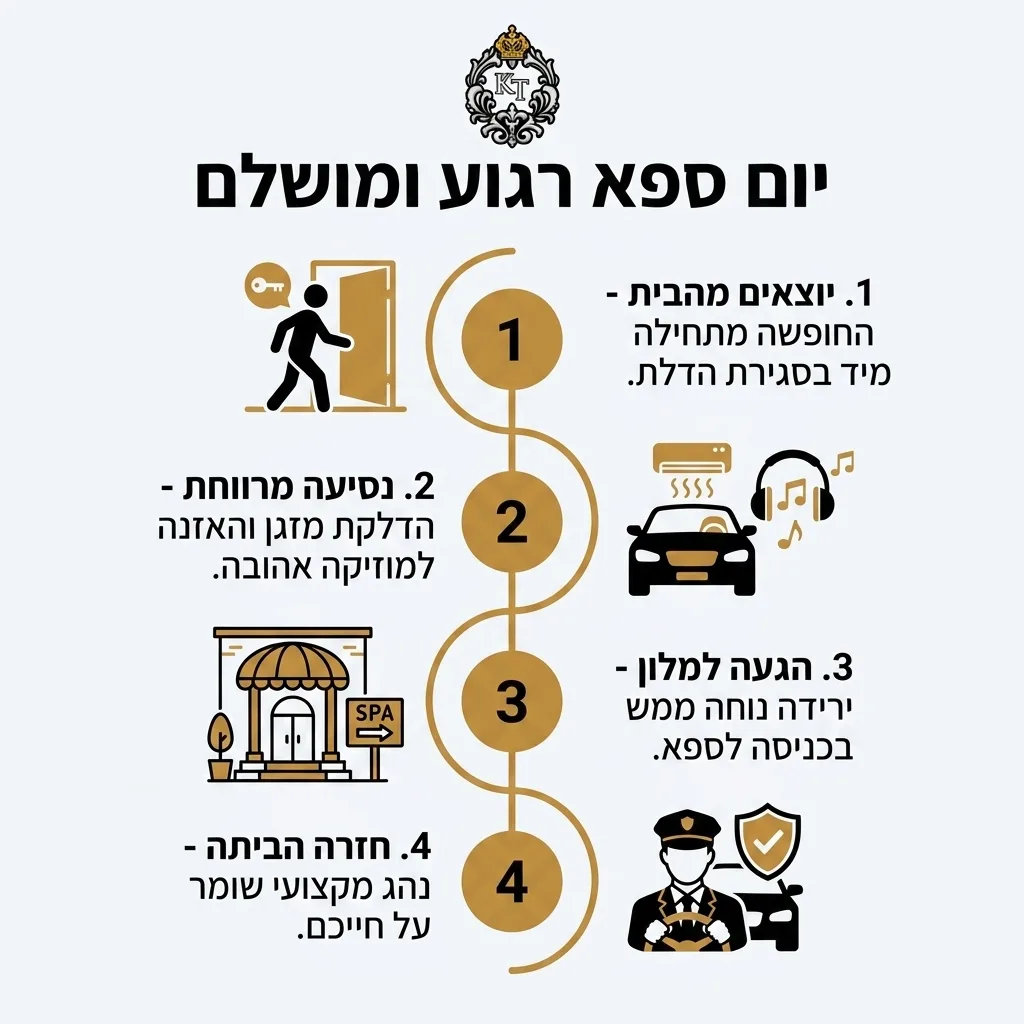 אינפוגרפיקה — יום ספא רגוע ומושלם: יוצאים מהבית, נסיעה מרווחת, הגעה למלון, חזרה הביתה