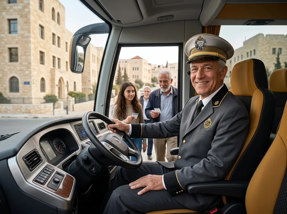 צילום של נהג אוטובוס מקצועי במדים מחויטים, יושב מאחורי ההגה ברכב חדש, מחייך אל הנוסעים שעולים פנימה, עם נוף של בנייני משרדים ירושלמיים ברקע.