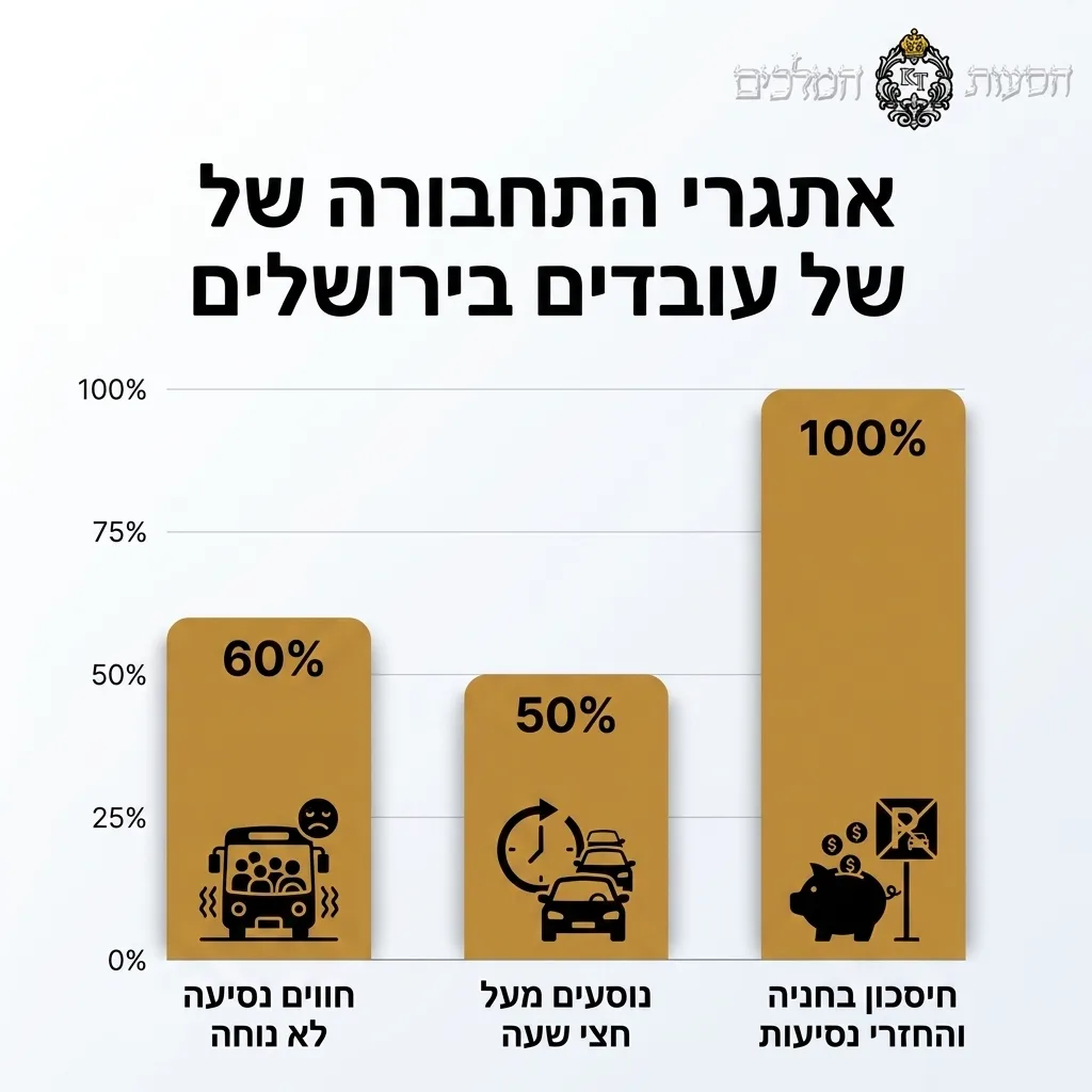 אינפוגרפיקה — אתגרי התחבורה של עובדים בירושלים: חווים נסיעה לא נוחה, נוסעים מעל חצי שעה, חיסכון בחניה והחזרי נסיעות