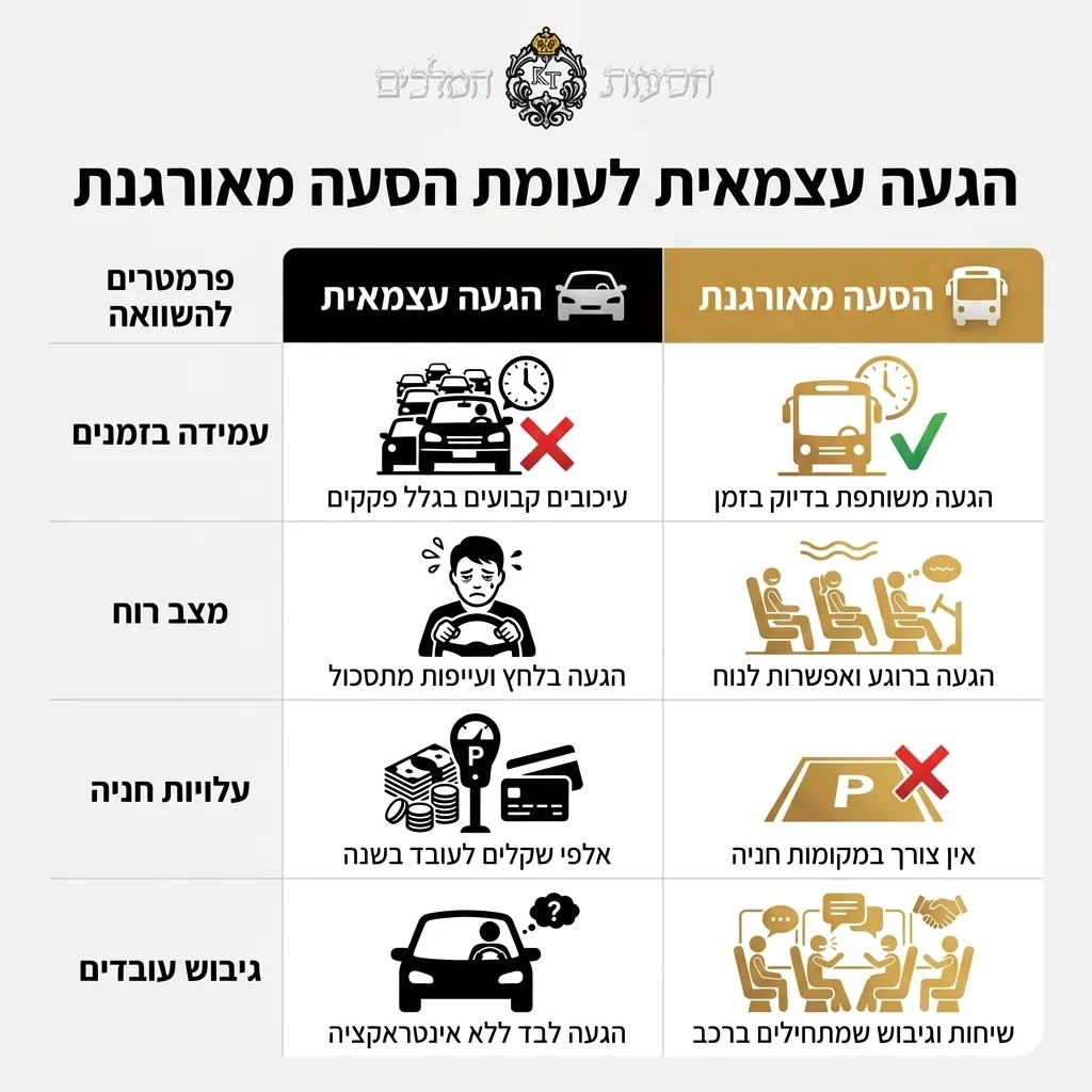 אינפוגרפיקה — הגעה עצמאית לעומת הסעה מאורגנת: השוואה בין הגעה עצמאית, הסעה מאורגנת