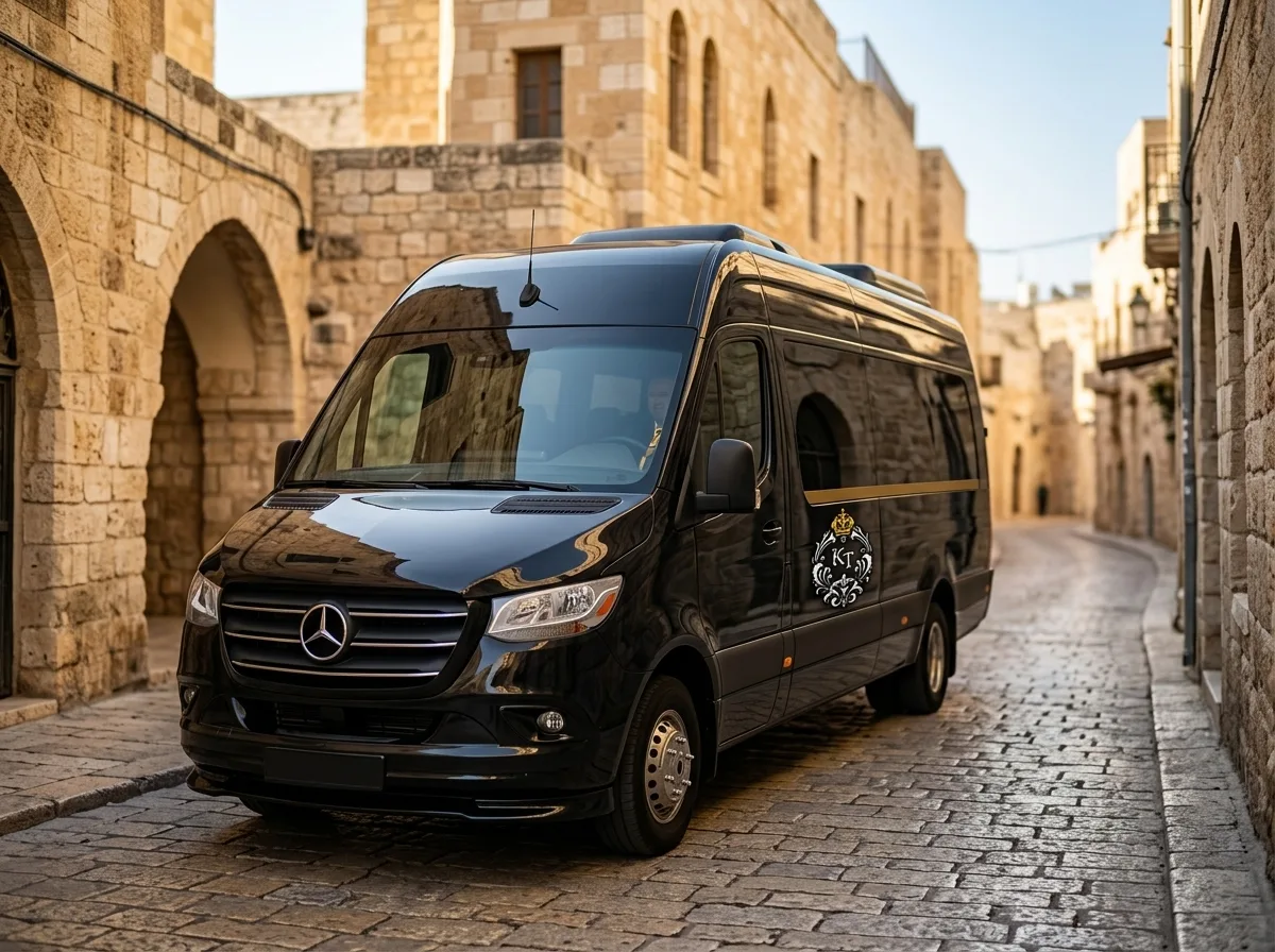 צילום מקצועי פוטו-ריאליסטי של מיניבוס שחור ויוקרתי נוסע ברחובות האבן הקסומים של ירושלים, תאורת יום טבעית, פוקוס חד על הרכב