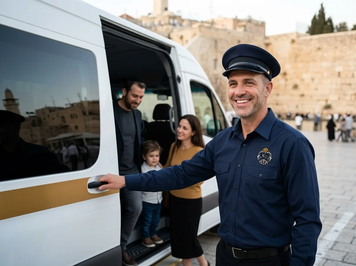 צילום פוטו-ריאליסטי של נהג מיניבוס מקצועי לבוש במדים מסודרים, מחייך ופותח את דלת הרכב עבור משפחה קטנה באזור הכותל המערבי, עומק שדה רדוד