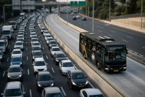 צילום כביש 1 פקוק מצד אחד, ומהצד השני אוטובוס הסעות נוסע בבטחה בנתיב מהיר או פתוח (אילוסטרציה של יעילות).