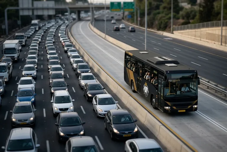 צילום כביש 1 פקוק מצד אחד, ומהצד השני אוטובוס הסעות נוסע בבטחה בנתיב מהיר או פתוח (אילוסטרציה של יעילות).