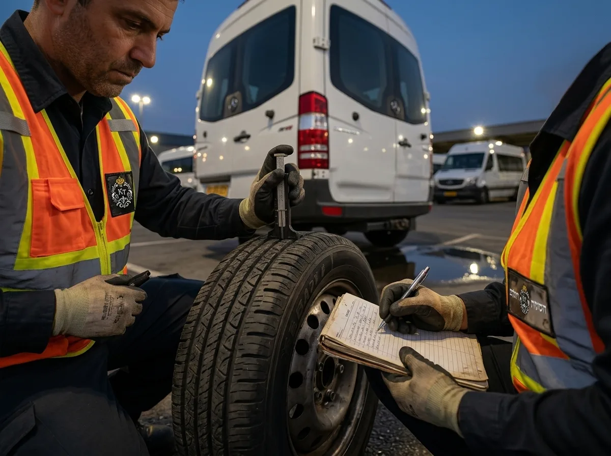 צילום ריאליסטי של קצין בטיחות בתעבורה לבוש באפוד זוהר, בודק צמיגים של מיניבוס הסעות מואר בחניון, פוקוס חד על הגלגל והפנקס בידו