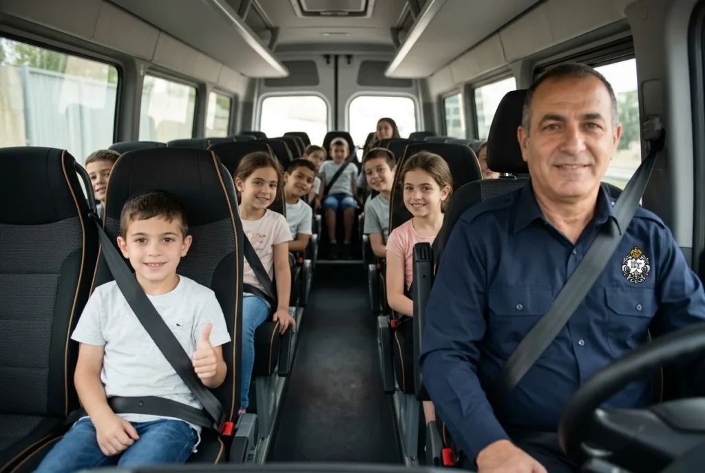 ילדים מחייכים חגורים בחגורות בטיחות בתוך מיניבוס מואר ונקי, עם נהג במדים או הופעה ייצוגית ומסבירת פנים.