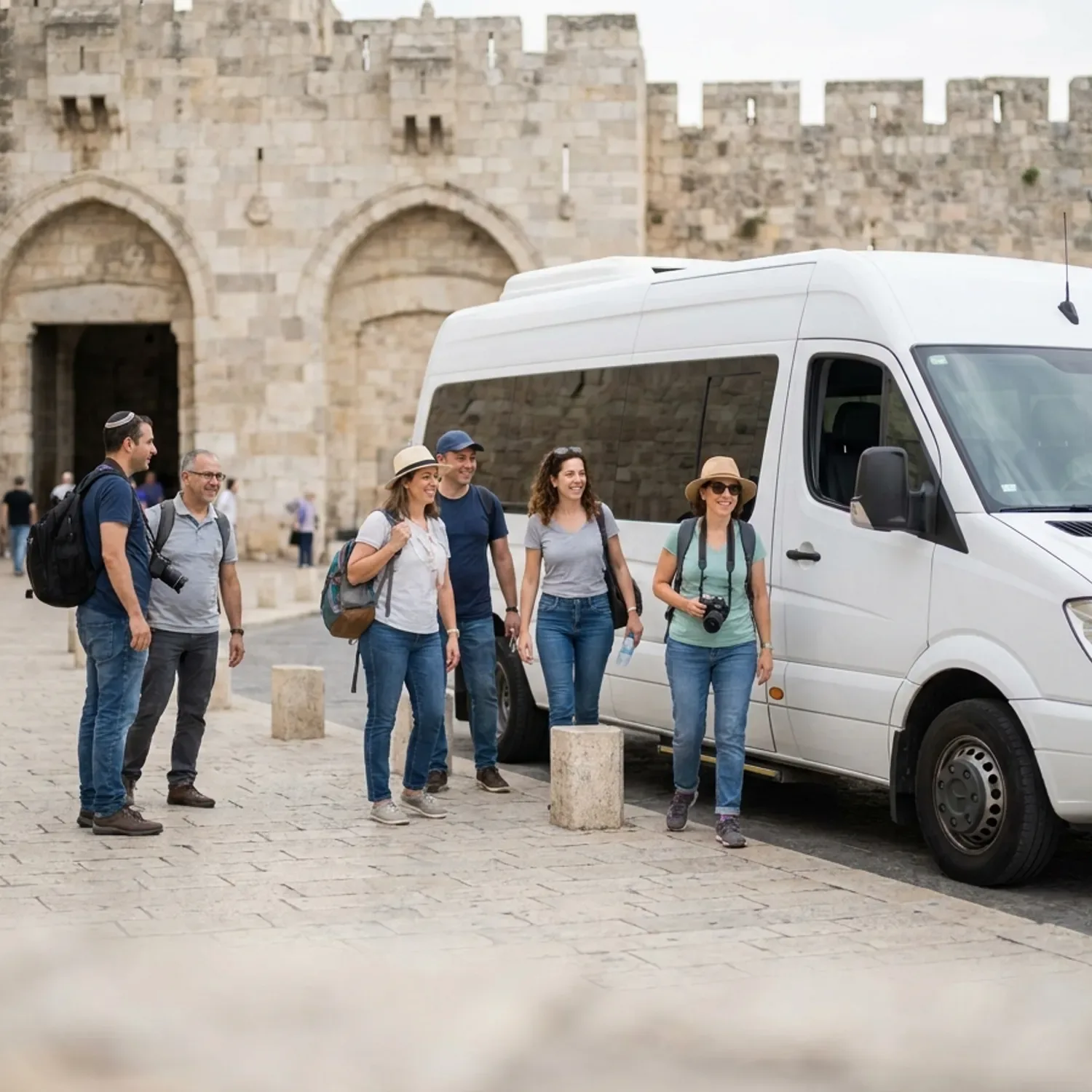 צילום מציאותי באור יום טבעי של מיניבוס תיירים לבן ונקי עוצר בנקודת הורדה מוסדרת ליד חומות האבן של העיר העתיקה בירושלים באזור שער יפו, קבוצת מטיילים ישראלים בלבוש יומיומי יורדת מהמיניבוס בחיוך, ללא טקסט או לוגו על הרכב והבגדים