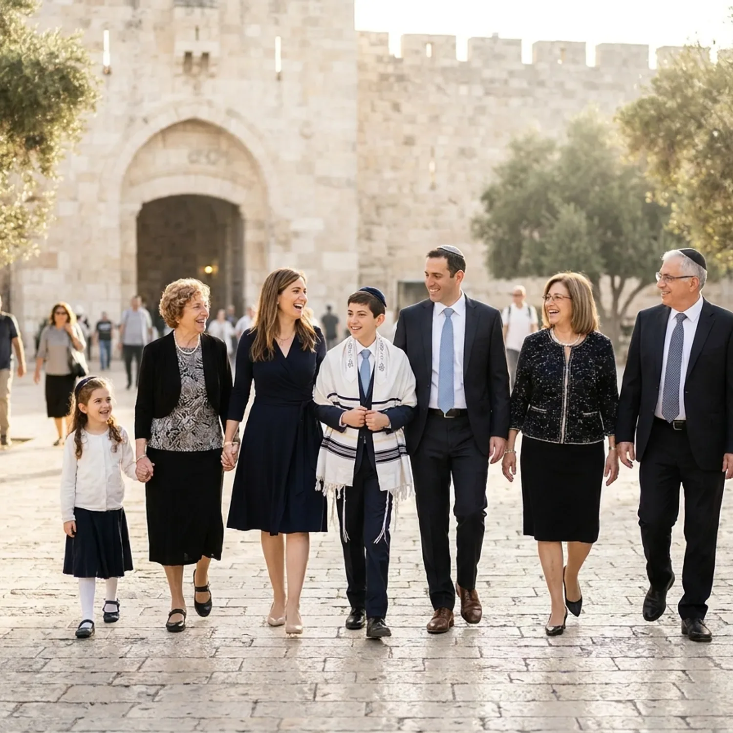 צילום פוטו-ריאליסטי של משפחה ישראלית חוגגת בר מצווה בלבוש חגיגי צועדת בשמחה ברחבה המרוצפת ליד שער האשפות לכיוון הכותל המערבי, תאורת בוקר טבעית ורכה, מראה אותנטי ומרגש ללא טקסט או סימנים מסחריים