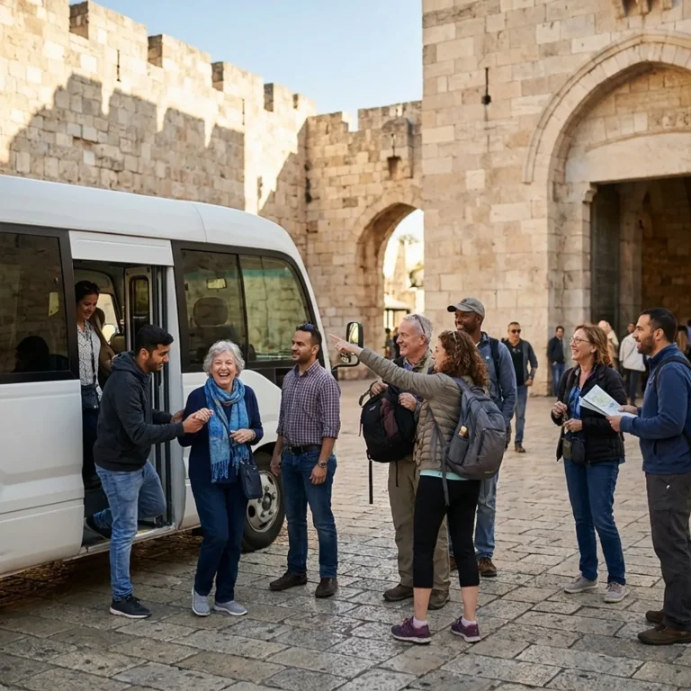 מיניבוס חונה בשער יפו מוריד נוסעים מחייכים לקראת סיור רגלי בעיר העתיקה.
